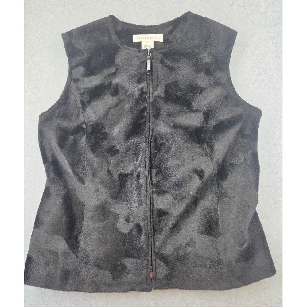 Pursuits Ltd Black Faux Fur Full Zip Vest Women Size 6 Textured Sleeveless